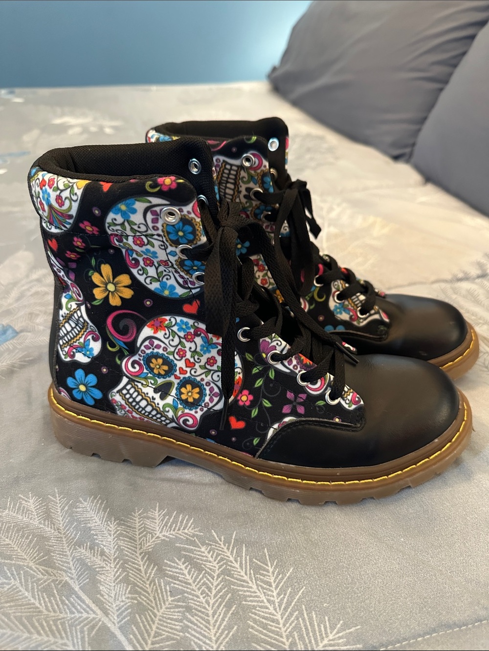 NWOT Black Floral Sugar Skull Combat Boots Sz W9.5 M8.5 EU41 UNBRANDED